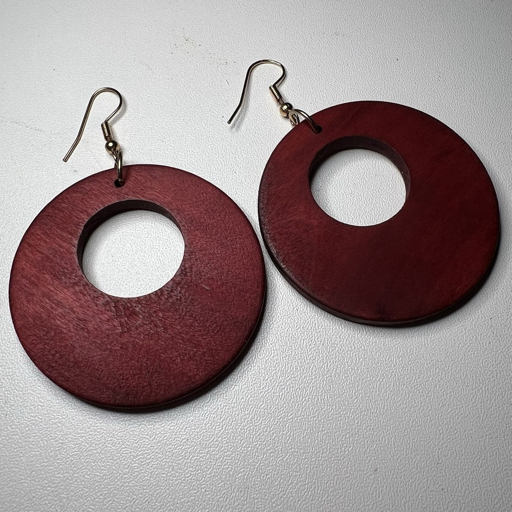 Burgundy Wooden Hoop Earring Lightweight Red Boho Disk Cutout Statement